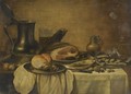 Still Life With A Pewter Jug, A Beaker Of Beer, A Cooked Ham, A Bread Roll On A Pewter Plate - Pieter Claesz.