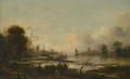 A River Estuary At Dusk With Figures Returning Home Along A Track, A Town Beyond - Aert van der Neer