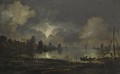 View Of A Lakeside Town By Moonlight, With An Eel Trap In The Foreground - Aert van der Neer