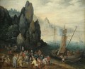 A Rocky Coastal Landscape With Fishermen Unloading Their Catch, Craggy Mountains Beyond - (after) Jan The Elder Brueghel