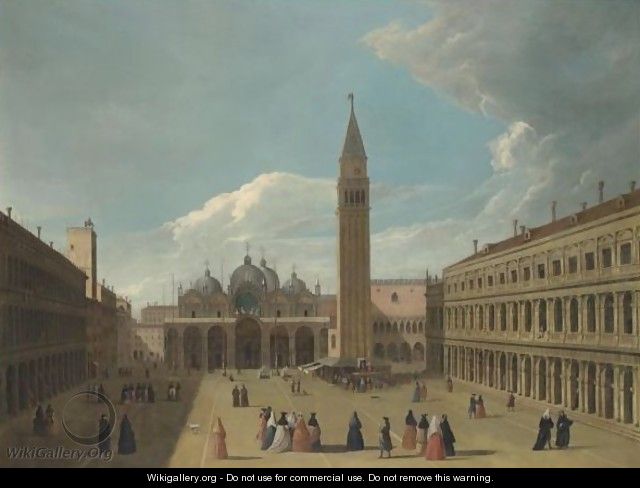 Venice, A View Of The Piazza San Marco, With Figures Gathered Round An Artist Painting A Portrait On A Stage - (after) Johann Richter