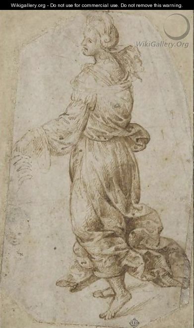 A Female Figure Walking To The Right And A Separate Sketch Of A Head Of A Boy And A Hand - (after) Timoteo Viti