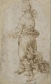 A Female Figure Walking To The Right And A Separate Sketch Of A Head Of A Boy And A Hand - (after) Timoteo Viti