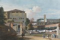 View Of An Italian Courtyard, With An Elegant Rider, And Women Hanging Washing By A Fountain - Marco Ricci