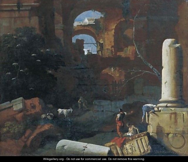 An Architectural Capriccio With Soldiers, A Shepherd And Goats, Resting In Roman Ruins - Marco Ricci