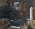 An Architectural Capriccio With Soldiers, A Shepherd And Goats, Resting In Roman Ruins - Marco Ricci