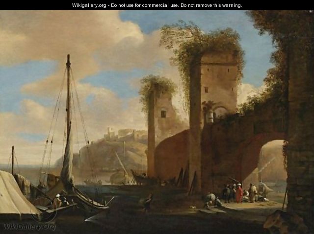 Harbor Scene With Ships, Ruins And Figures By An Archway - (after) Filippo (Il Napoletano) D