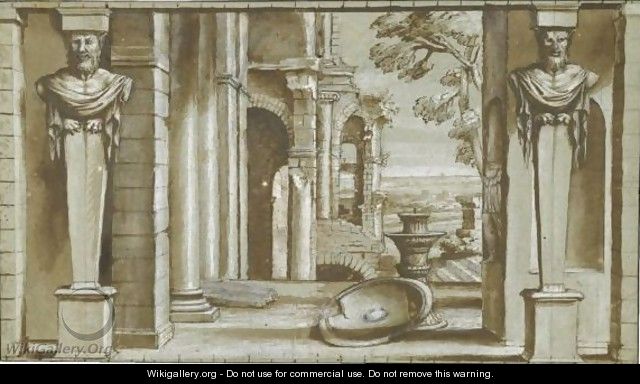 Design For A Stage Set Or Decorative Painting, With Two Herms And An Arcaded Ruin - Roman School