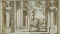 Design For A Stage Set Or Decorative Painting, With Two Herms And An Arcaded Ruin - Roman School