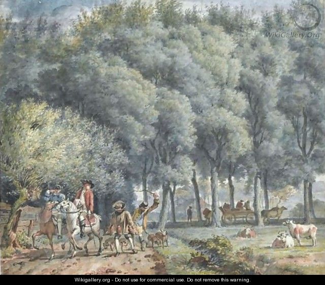 A Hawking Party At The Edge Of A Wood, Cows Grazing Nearby - (after) Aert Schouman