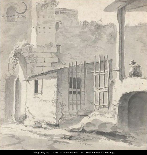 An Italian Courtyard With A Gateway And Seated Figure - Thomas Wyck