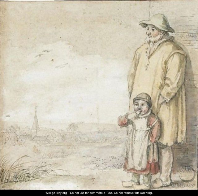 A Man And An Eating Child In A Landscape, A Village To The Left - Hendrick Avercamp