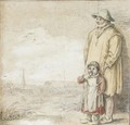 A Man And An Eating Child In A Landscape, A Village To The Left - Hendrick Avercamp
