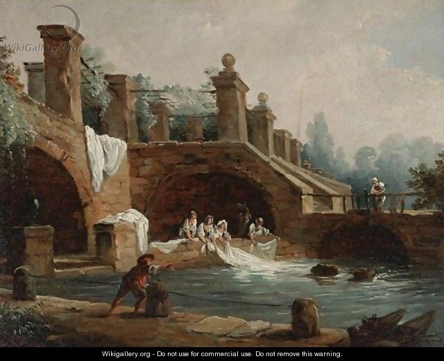 Laundresses At Work Under The Archway Of A Trellised Acqueduct - (after) Hubert Robert