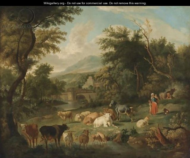 Pastoral Landscape With Watering Cattle And A Town In A Distance - (after) Johann Heinrich Roos