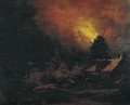 A Burning Mill At Night With Villagers Scrambling To Extinguish The Fire - Egbert Lievensz. Van Der Poel