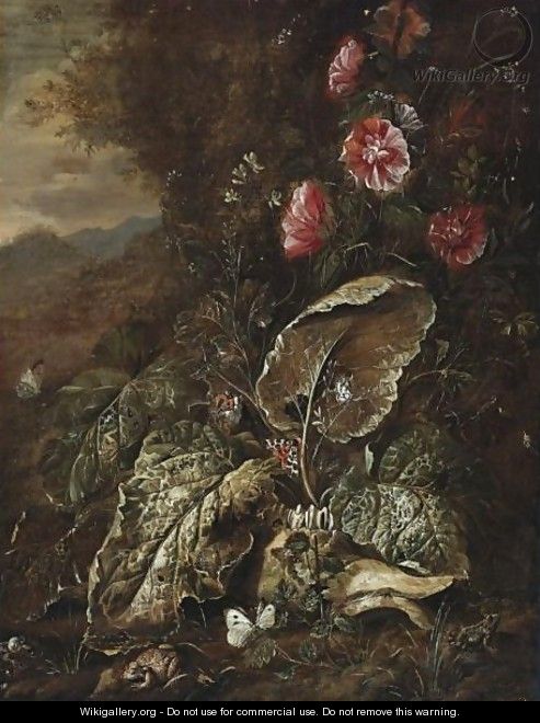 Still Life With Flowers And Plants In A Landscape With Toads And Moths - (after) Otto Marseus Van Schrieck