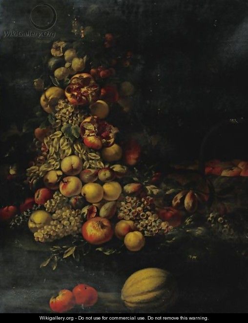 Still Life Of Grapes, Pomegranates, Peaches, Plums, Figs, A Melon And Other Fruit In A Landscape - Roman School
