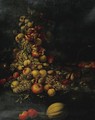 Still Life Of Grapes, Pomegranates, Peaches, Plums, Figs, A Melon And Other Fruit In A Landscape - Roman School