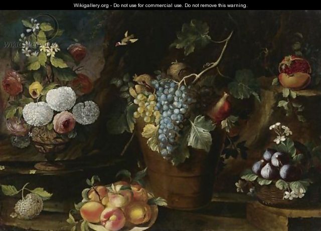 Still Life Of Flowers In A Sculpted Vase, Peaches On A Plate - (after) Giovanni Stanchi