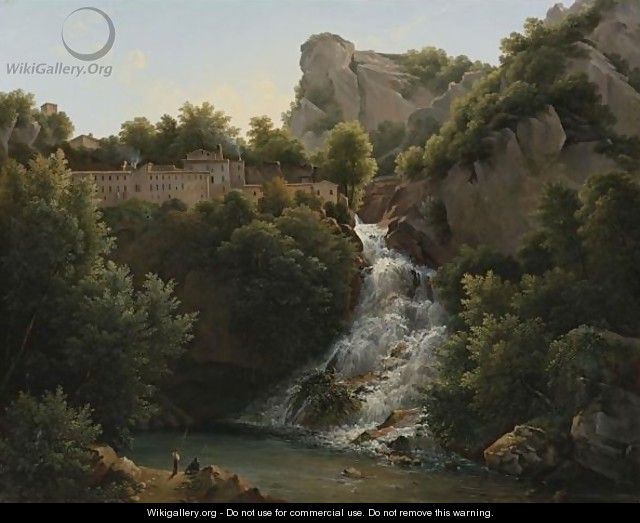 A Landscape With A Waterfall, A Mountain Village At The Edge Of The Cliff - Augustin Marius Paul Bec (Polydore De Bec)
