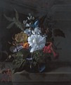 A Still Life With Devil's Trumpet, A Cactus, A Fig Branch, Honeysuckle And Other Flowers In A Blue Glass Vase Resting On A Ledge - Rachel Ruysch