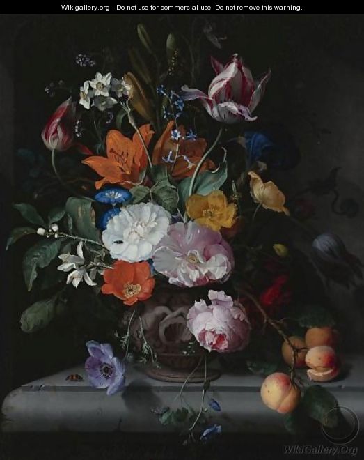A Still Life Of Flowers And A Branch Of Peaches In A Sculpted Vase, Standing On A Ledge - Jacob van Walscapelle