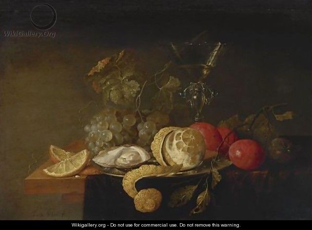 Still Life With A Peeled Lemon, Orange Slices, An Oyster, Plums, Grapes And A Facon-De-Venise Glass Filled - Jan Davidsz. De Heem
