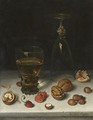 Still Life Of Walnuts, Hazelnuts, Strawberries, A Roemer And An Overturned Wine Glass, All Resting On A Table - Floris Claesz Van Dijck