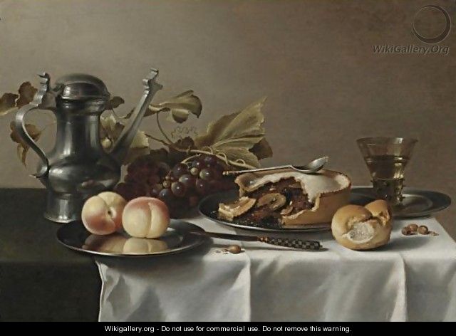 Still Life Of Grapes, A Pie, Peaches, A Pewter Ewer, A Roemer, Hazelnuts, A Bread Roll - (after) Pieter Claesz