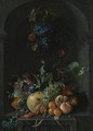 Still Life Of Grapes, Melons, Peaches, Plums And Other Fruit With Morning Glory And Shafts Of Wheat In A Stone Niche - Coenraet Roepel
