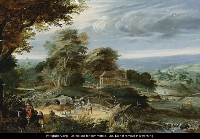 An Extensive Landscape With Travellers On A Path By A River, A Cottage Beyond - Pieter Stalpaert