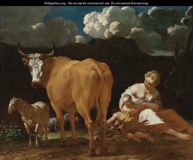 Italianate Landscape With A Woman, Two Children, A Bull, Sheep And A Dog - Karel Dujardin