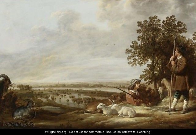 Flooded River Landscape With Two Shepherds And Their Flock Of Sheep And Goats - Aelbert Cuyp
