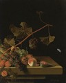 Still Life Of A Vine Twig With Grapes, Peaches, Apricots, Medlars, A Melon And A Halved Fig, Resting On A Stone Ledge - Adriaen Coorte