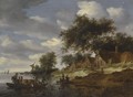 A River Landscape With Figures Crossing To The Shore On A Cattle Ferry, With Washerwomen On The Bank - Salomon van Ruysdael