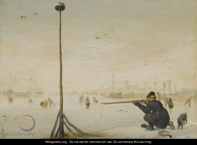 Winter Landscape With A Hunter Shooting Duck At The Edge Of A Frozen Waterway - Hendrick Avercamp