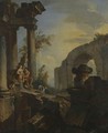 An Architectural Capriccio With A Couple Seated And A Dog Beneath Ruined Columns - (after) Giovanni Paolo Panini