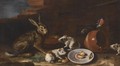 A Farmyard Scene With A Still Life Of A Rabbit, Guinea Pigs, Apple-Peel And A Butterfly On A Plate - Giovanni Agostino Cassana