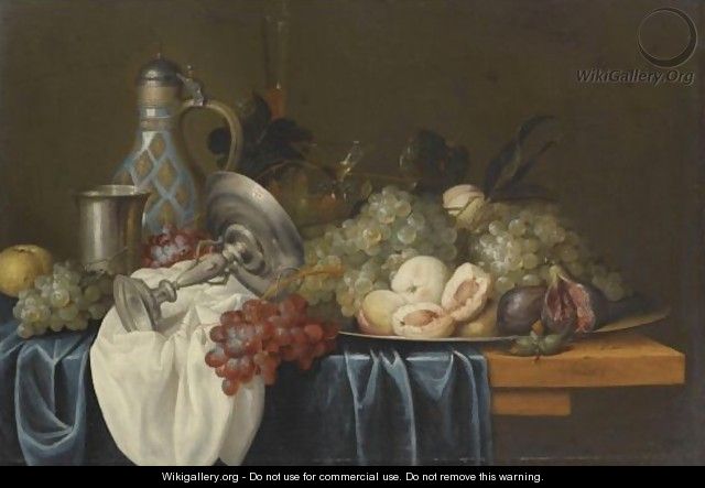 Still Life With Bunches Of Grapes, Peaches And Figs On A Pewter Dish - Alexander Coosemans