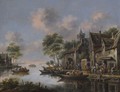 A River Landscape With Villagers Unloading Their Boats - Thomas Heeremans