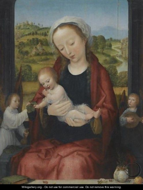The Virgin And Child Enthroned, Attended By Angels Before An Open Window, An Extensive Fluvial Landscape Beyond - Adriaen Isenbrandt (Ysenbrandt)