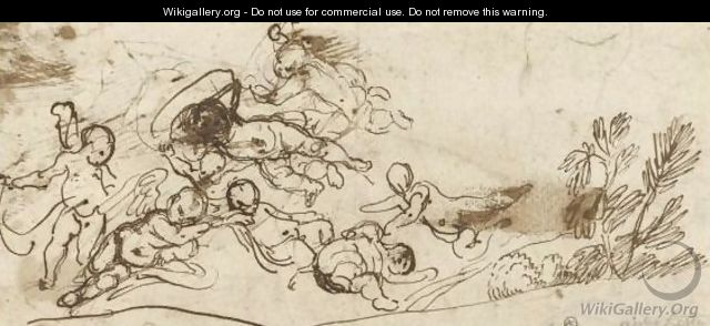 Sketches Of Putti Flying Above A Landscape - Pietro Testa