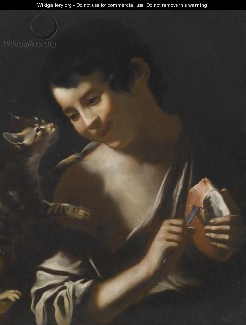 A Boy Eating A Loaf Of Bread With A Cat - (after) Tommaso Salini (Mao)
