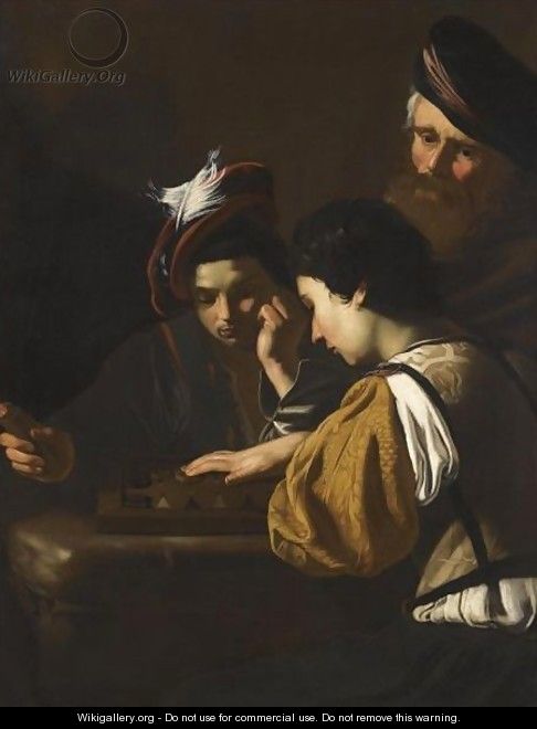 Young Boys Playing Backgammon An Old Man Watching In The Background - (after) Nicolas Tournier