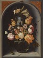 A Still Life Of Tulips, Lilies, Moss Roses, An Iris And Other Flowers In A Glass Vase In A Marble Niche, With Butterflies And A Lizard - Jan Baptist van Fornenburgh