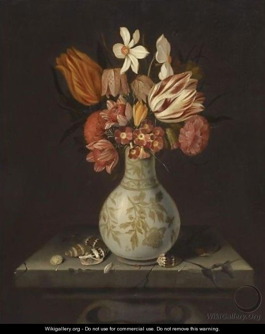 Still Life With Tulips, Crocuses, Primroses And Other Flowers In A Vase On A Stone Plinth With Shells - Jan Baptist van Fornenburgh