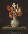 Still Life With Tulips, Crocuses, Primroses And Other Flowers In A Vase On A Stone Plinth With Shells - Jan Baptist van Fornenburgh