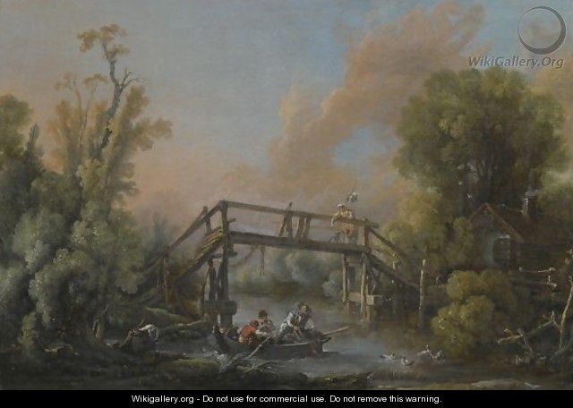 A River Landscape With A Woman Crossing A Bridge And Three Men In A Boat On The River Below - François Boucher
