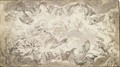 Design For A Ceiling Decoration With Allegorical Virtues Surrounding Entwined Initials Over Which Jupiter Holds A Crown - Godfried Maes